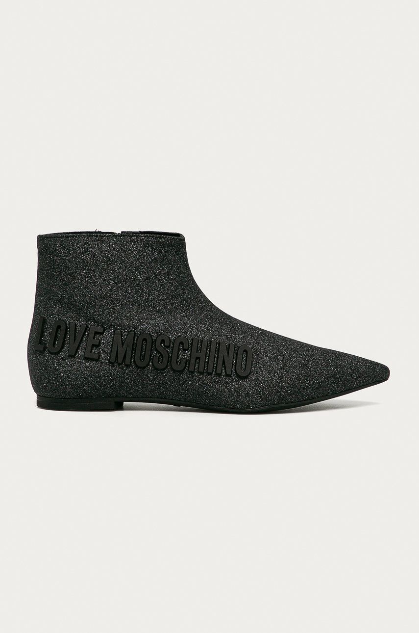 Botine cu fermoar negre de vara fashion cu logo Love Moschino din textil cu varful ascutit