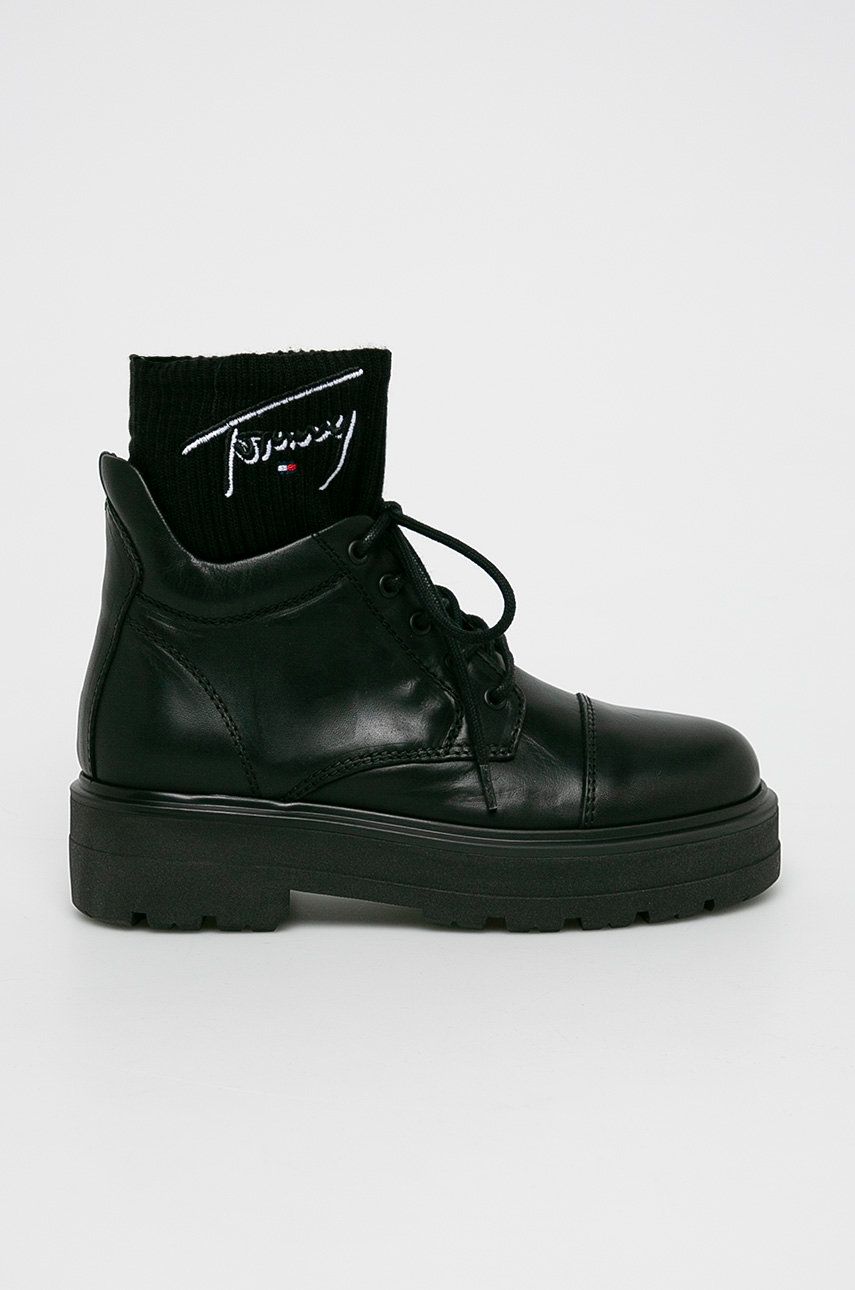 Botine negre casual Tommy Jeans din textil cu piele naturala cu talpa inalta din guma