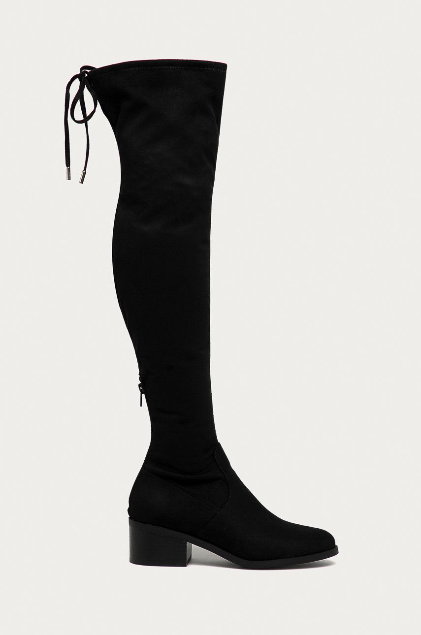 Cizme negre elegante inalte peste genunchi Steve Madden din textil cu toc stabil